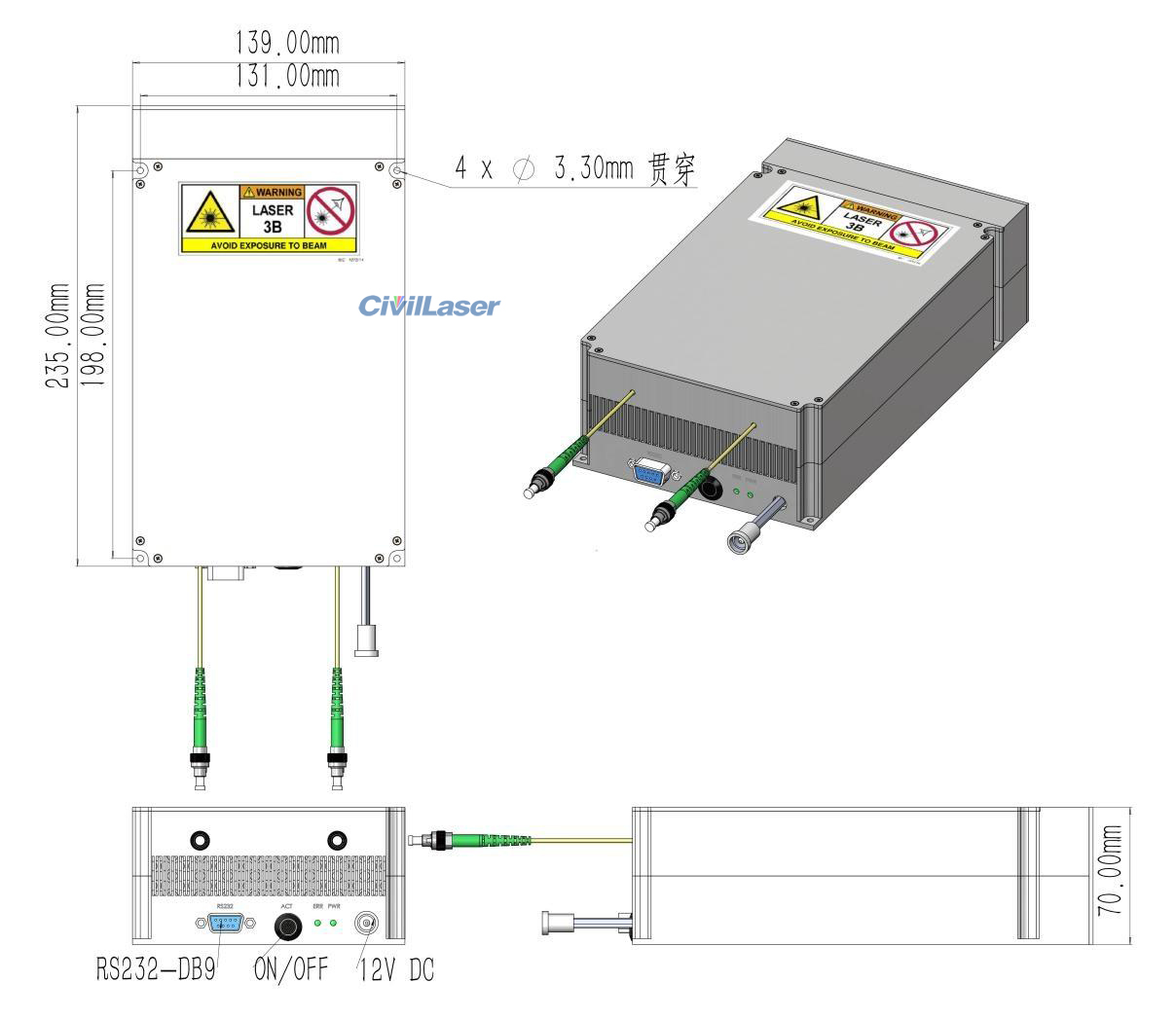 2000nm 100mW 20dBm IR Single-mode Fiber Laser Source Module Type FL ...