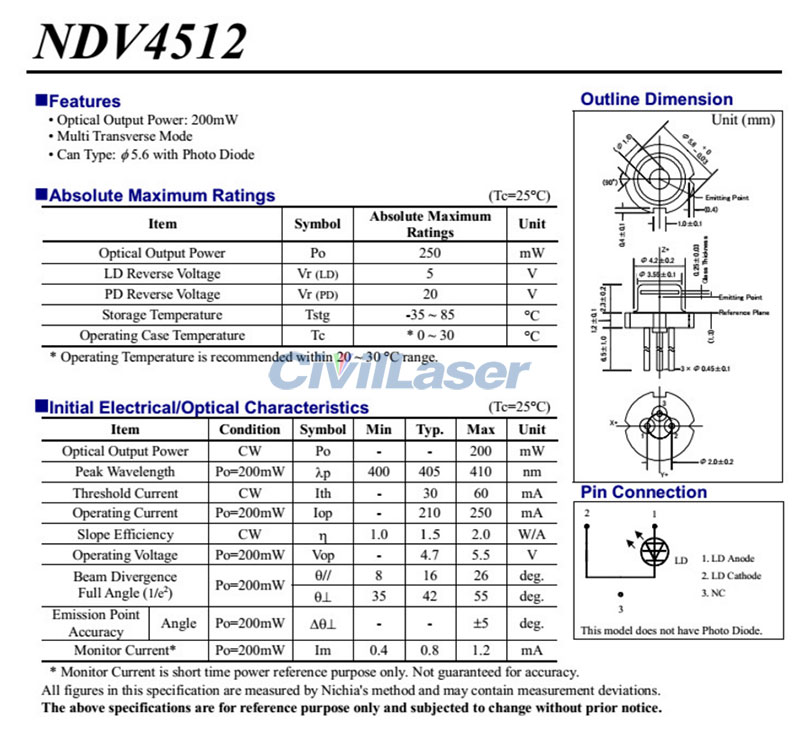 NICHIA 405nm 200mw NDV4512 blue violet Laser Diode