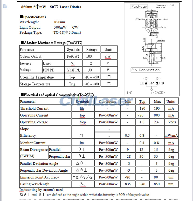 850nm 500mw IR laser diode