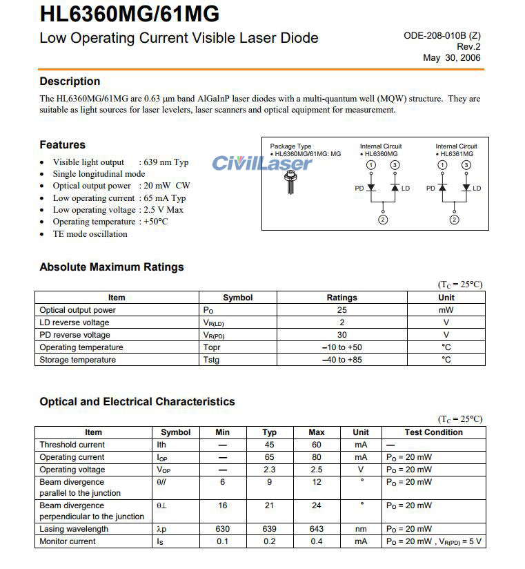 639nm 640nm 20mW Red Laser HL6360MG Laser Diode
