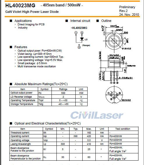 405nm 500mW HL40023MG TO18-5.6mm Blue Violet Laser