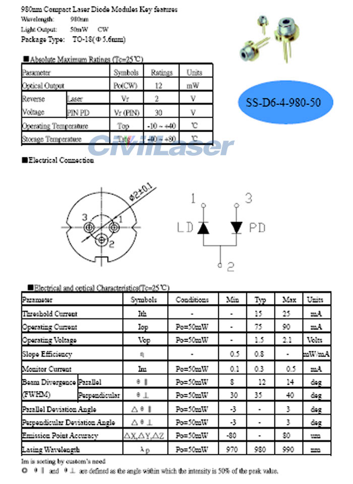 5 Diodes Laser Infrarouge 980nm 50mW TO-18 (5.6mm) - Pour Projets électroniques Ou Expérimentations Laser
